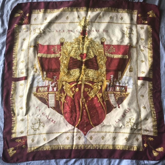 Hermes-Paris‎ 100% silk Vue Du Carosse De La Galere La Reale Red Gold Scarf